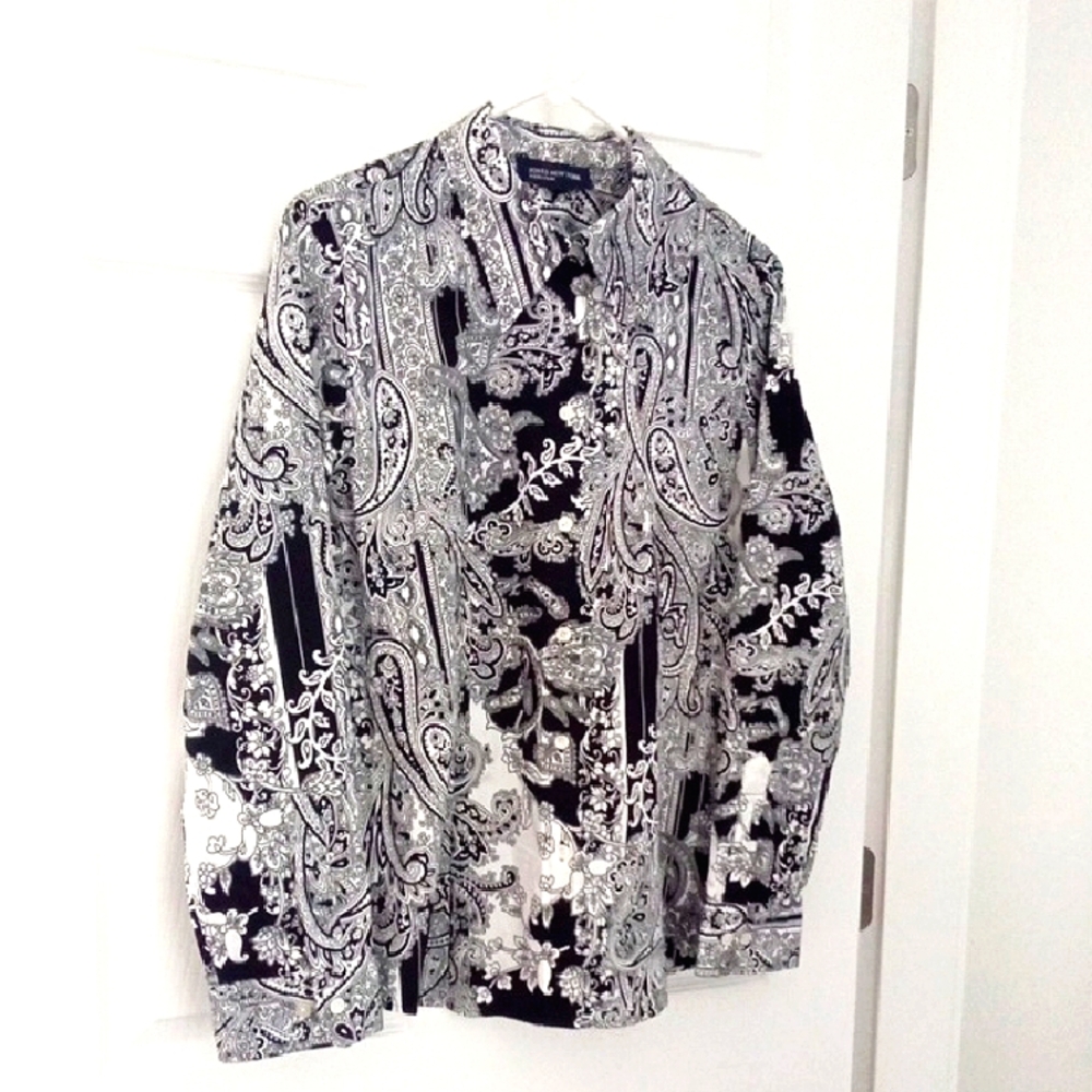 Jones New York Women's Black & White Paisley Button Down Shirt Size Xl